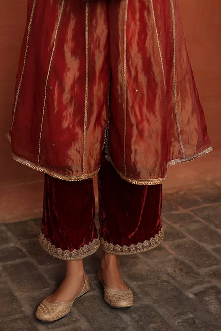 Shop Begum Orange Tissue, Satin, Velvet Sequins, Designer Embroidered Anarkali Pant Set Online at Aza Fashions Shop_Begum_Orange Tissue, Satin, Velvet Sequins, Designer Embroidered Anarkali Pant Set _Online_at_Aza_Fashions