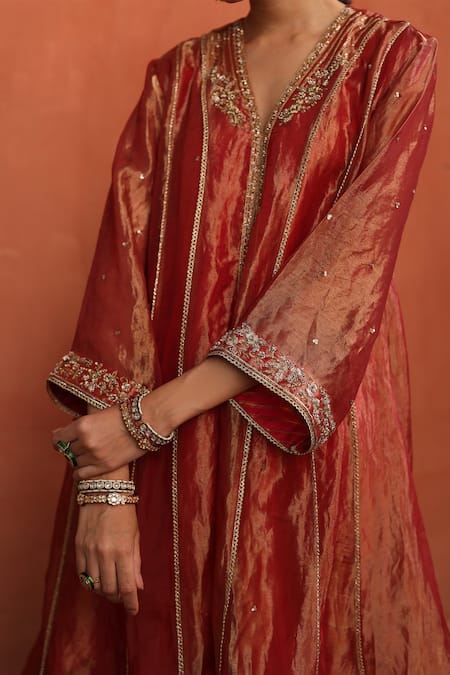 Begum_Orange Tissue, Satin, Velvet Sequins, Designer Embroidered Anarkali Pant Set _at_Aza_Fashions