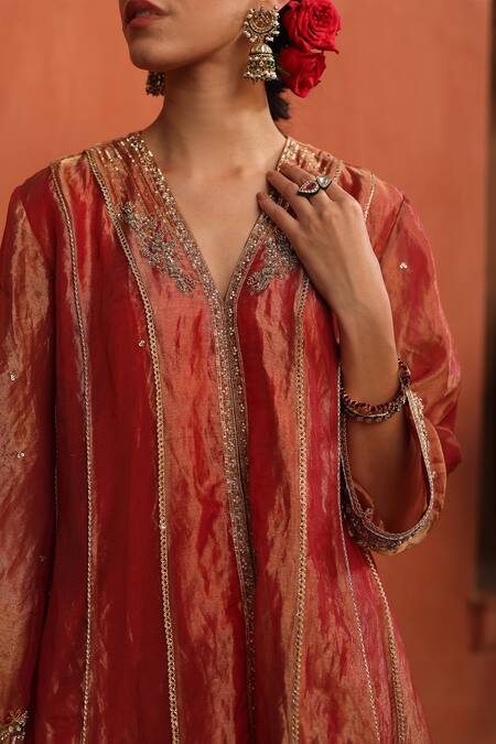 Buy_Begum_Orange Tissue, Satin, Velvet Sequins, Designer Embroidered Anarkali Pant Set 