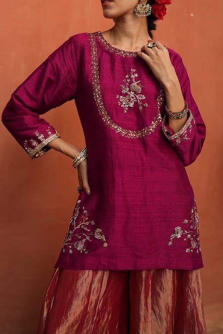 Buy_Begum_Magenta Silk Zari, Gota Patti Round Neck Embellished Kurta Sharara Set _Online_at_Aza_Fashions