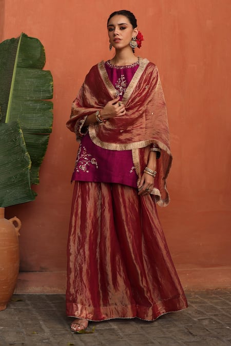 Shop_Begum_Magenta Silk Zari, Gota Patti Round Neck Embellished Kurta Sharara Set _Online_at_Aza_Fashions