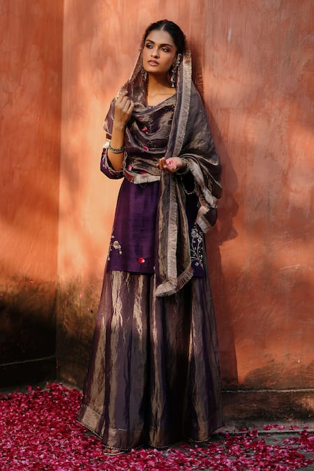 Buy_Begum_Purple Silk, Satin Gota Patti, Zari Round Neck Embellished Kurta Sharara Set _Online_at_Aza_Fashions