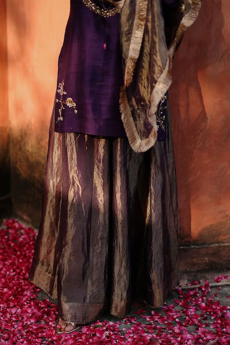 Shop_Begum_Purple Silk, Satin Gota Patti, Zari Round Neck Embellished Kurta Sharara Set _Online_at_Aza_Fashions