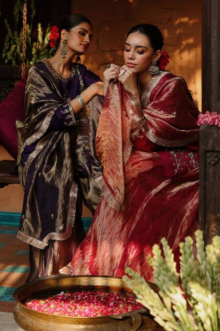 Buy_Begum_Purple Silk, Satin Gota Patti, Zari Round Neck Embellished Kurta Sharara Set 