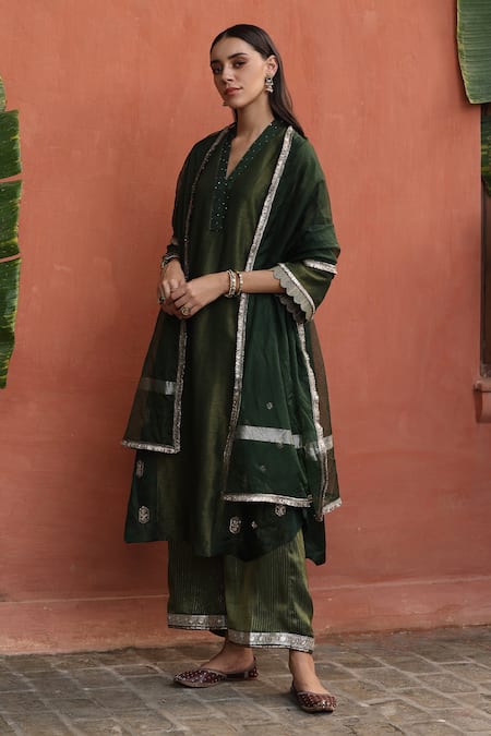 Begum Bottle Green Embellished Kurta Pant Set 