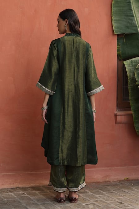 Shop_Begum_Green Silk, Tissue, Organza Embroidery, Gota Bottle Embellished Kurta Pant Set _at_Aza_Fashions