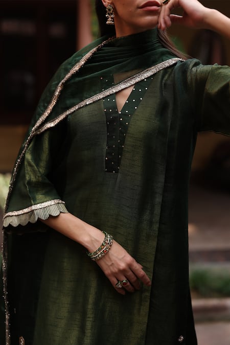 Begum_Green Silk, Tissue, Organza Embroidery, Gota Bottle Embellished Kurta Pant Set _Online_at_Aza_Fashions