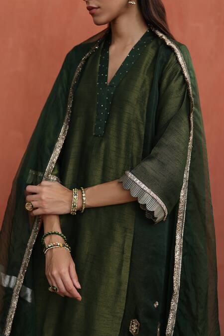 Shop_Begum_Green Silk, Tissue, Organza Embroidery, Gota Bottle Embellished Kurta Pant Set _Online_at_Aza_Fashions