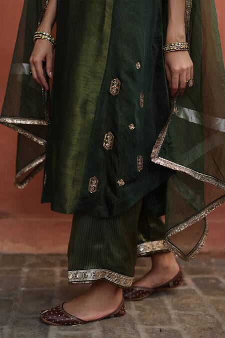 Begum_Green Silk, Tissue, Organza Embroidery, Gota Bottle Embellished Kurta Pant Set _at_Aza_Fashions