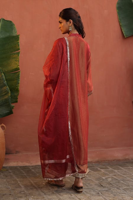 Shop Begum Orange Denim, Tissue, Organza Zari, Gota Patti, Embellished Kurta Pant Set at Aza Fashions Shop_Begum_Orange Denim, Tissue, Organza Zari, Gota Patti, Embellished Kurta Pant Set _at_Aza_Fashions