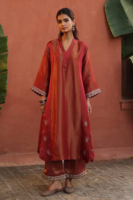 Begum Orange Denim, Tissue, Organza Zari, Gota Patti, Embellished Kurta Pant Set Online at Aza Fashions Begum_Orange Denim, Tissue, Organza Zari, Gota Patti, Embellished Kurta Pant Set _Online_at_Aza_Fashions