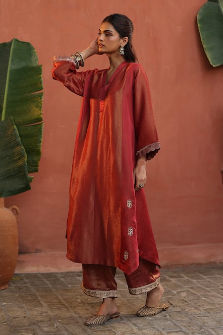 Buy Begum Orange Denim, Tissue, Organza Zari, Gota Patti, Embellished Kurta Pant Set Online at Aza Fashions Buy_Begum_Orange Denim, Tissue, Organza Zari, Gota Patti, Embellished Kurta Pant Set _Online_at_Aza_Fashions