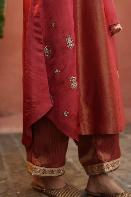 Shop_Begum_Orange Denim, Tissue, Organza Zari, Gota Patti, Embellished Kurta Pant Set _Online_at_Aza_Fashions