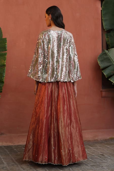 Begum Peach Scallop Hem Embellished Lehenga & Top 