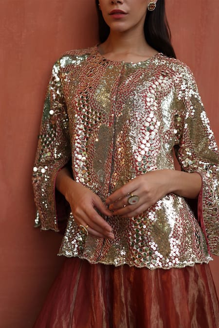 Begum_Peach Silk, Georgette, Satin Mirrors, Scallop Hem Embellished Lehenga And Top _Online_at_Aza_Fashions