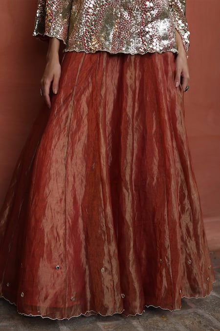 Buy_Begum_Peach Silk, Georgette, Satin Mirrors, Scallop Hem Embellished Lehenga And Top _Online_at_Aza_Fashions