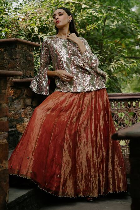 Shop Begum Peach Silk, Georgette, Satin Mirrors, Scallop Hem Embellished Lehenga And Top Online at Aza Fashions Shop_Begum_Peach Silk, Georgette, Satin Mirrors, Scallop Hem Embellished Lehenga And Top _Online_at_Aza_Fashions