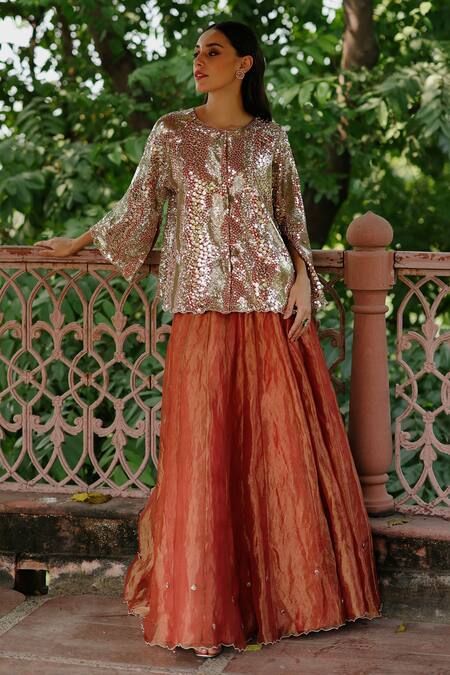 Begum Peach Silk, Georgette, Satin Mirrors, Scallop Hem Embellished Lehenga And Top at Aza Fashions Begum_Peach Silk, Georgette, Satin Mirrors, Scallop Hem Embellished Lehenga And Top _at_Aza_Fashions