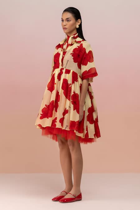 Therealb Yellow Viscose Organza Printed Floral Collar Short Dress Online at Aza Fashions Therealb_Yellow Viscose Organza Printed Floral Collar Short Dress _Online_at_Aza_Fashions