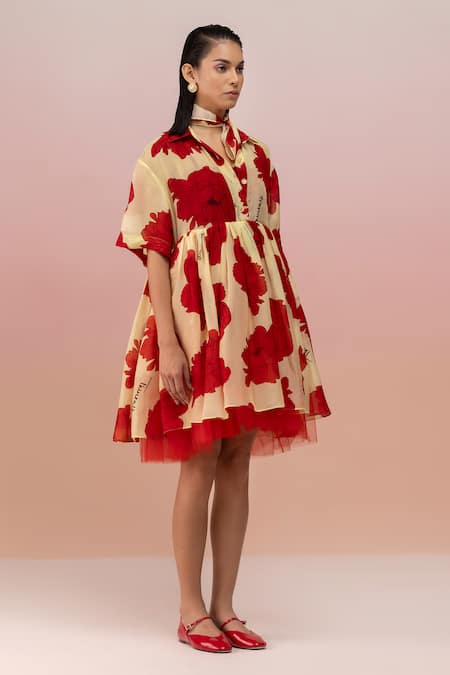 Buy Therealb Yellow Viscose Organza Printed Floral Collar Short Dress Online at Aza Fashions Buy_Therealb_Yellow Viscose Organza Printed Floral Collar Short Dress _Online_at_Aza_Fashions
