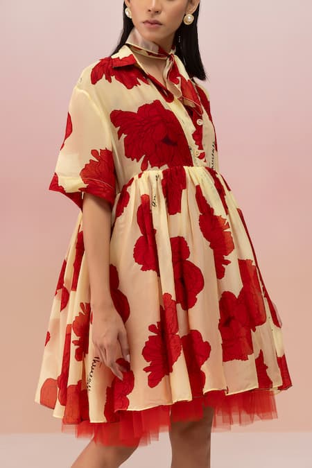 Shop Therealb Yellow Viscose Organza Printed Floral Collar Short Dress Online at Aza Fashions Shop_Therealb_Yellow Viscose Organza Printed Floral Collar Short Dress _Online_at_Aza_Fashions