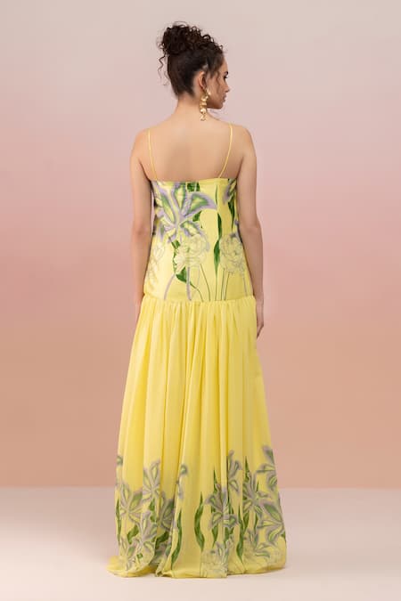 Shop Therealb Yellow Viscose Satin Printed Florette Sweetheart Neck Maxi Dress at Aza Fashions Shop_Therealb_Yellow Viscose Satin Printed Florette Sweetheart Neck Maxi Dress _at_Aza_Fashions