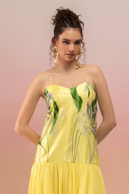 Therealb Yellow Viscose Satin Printed Florette Sweetheart Neck Maxi Dress Online at Aza Fashions Therealb_Yellow Viscose Satin Printed Florette Sweetheart Neck Maxi Dress _Online_at_Aza_Fashions