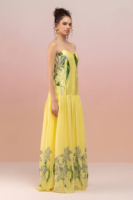 Buy Therealb Yellow Viscose Satin Printed Florette Sweetheart Neck Maxi Dress Online at Aza Fashions Buy_Therealb_Yellow Viscose Satin Printed Florette Sweetheart Neck Maxi Dress _Online_at_Aza_Fashions