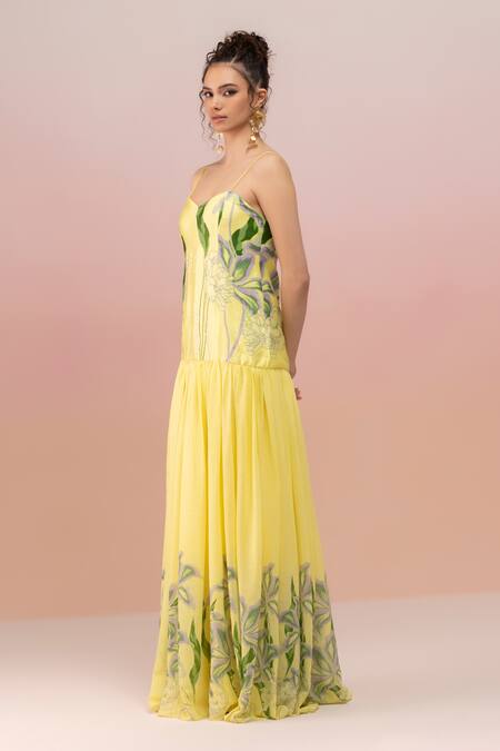 Shop Therealb Yellow Viscose Satin Printed Florette Sweetheart Neck Maxi Dress Online at Aza Fashions Shop_Therealb_Yellow Viscose Satin Printed Florette Sweetheart Neck Maxi Dress _Online_at_Aza_Fashions