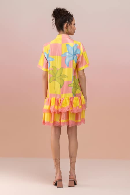 Shop Therealb Yellow Viscose Satin Printed Checkered Collar Dress With Lace Hem at Aza Fashions Shop_Therealb_Yellow Viscose Satin Printed Checkered Collar Dress With Lace Hem _at_Aza_Fashions