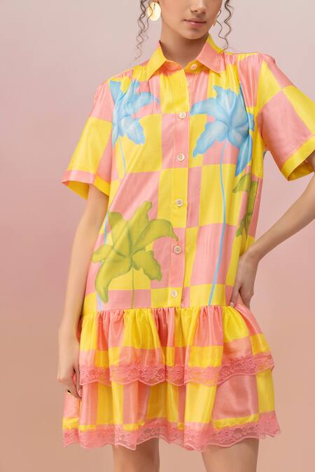 Therealb Yellow Viscose Satin Printed Checkered Collar Dress With Lace Hem Online at Aza Fashions Therealb_Yellow Viscose Satin Printed Checkered Collar Dress With Lace Hem _Online_at_Aza_Fashions