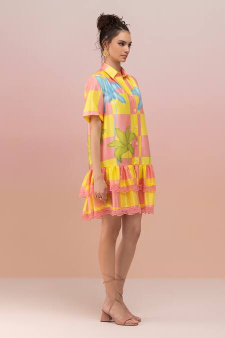Buy Therealb Yellow Viscose Satin Printed Checkered Collar Dress With Lace Hem Online at Aza Fashions Buy_Therealb_Yellow Viscose Satin Printed Checkered Collar Dress With Lace Hem _Online_at_Aza_Fashions