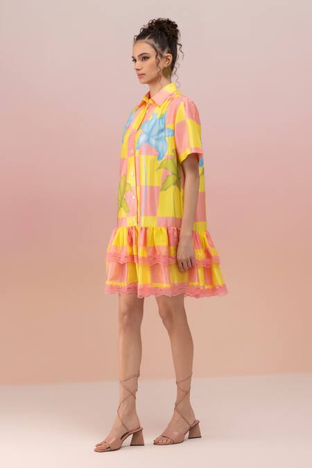 Shop Therealb Yellow Viscose Satin Printed Checkered Collar Dress With Lace Hem Online at Aza Fashions Shop_Therealb_Yellow Viscose Satin Printed Checkered Collar Dress With Lace Hem _Online_at_Aza_Fashions