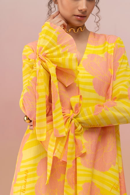 Shop Therealb Yellow Viscose Crushed Crepe Printed Floral V Neck Dress Online at Aza Fashions Shop_Therealb_Yellow Viscose Crushed Crepe Printed Floral V Neck Dress _Online_at_Aza_Fashions