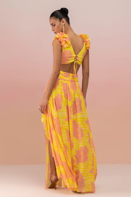 Shop Therealb Yellow Viscose Crepe Printed Floral V Neck And Pink Maxi Dress at Aza Fashions Shop_Therealb_Yellow Viscose Crepe Printed Floral V Neck And Pink Maxi Dress _at_Aza_Fashions