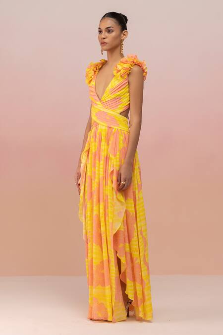 Buy Therealb Yellow Viscose Crepe Printed Floral V Neck And Pink Maxi Dress Online at Aza Fashions Buy_Therealb_Yellow Viscose Crepe Printed Floral V Neck And Pink Maxi Dress _Online_at_Aza_Fashions