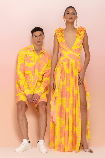 Therealb Yellow Viscose Crepe Printed Floral V Neck And Pink Maxi Dress at Aza Fashions Therealb_Yellow Viscose Crepe Printed Floral V Neck And Pink Maxi Dress _at_Aza_Fashions