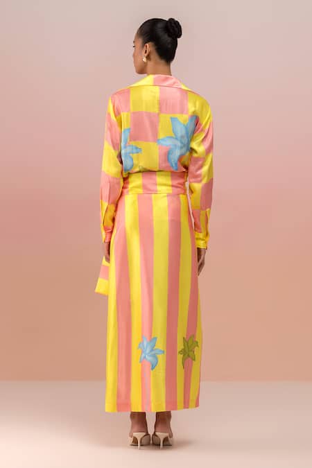 Shop Therealb Yellow Viscose Heavy Satin Printed Checkered Collar Floral Shirt And Skirt Set at Aza Fashions Shop_Therealb_Yellow Viscose Heavy Satin Printed Checkered Collar Floral Shirt And Skirt Set _at_Aza_Fashions
