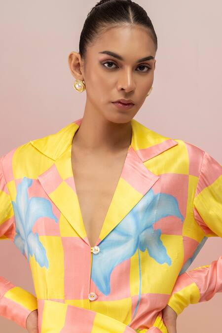 Therealb Yellow Viscose Heavy Satin Printed Checkered Collar Floral Shirt And Skirt Set Online at Aza Fashions Therealb_Yellow Viscose Heavy Satin Printed Checkered Collar Floral Shirt And Skirt Set _Online_at_Aza_Fashions