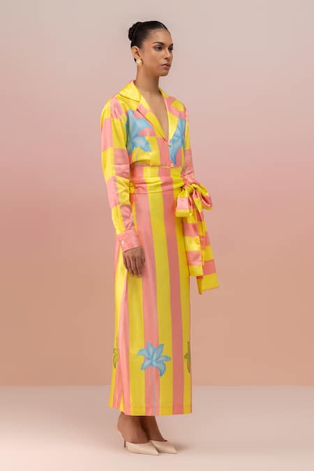 Shop Therealb Yellow Viscose Heavy Satin Printed Checkered Collar Floral Shirt And Skirt Set Online at Aza Fashions Shop_Therealb_Yellow Viscose Heavy Satin Printed Checkered Collar Floral Shirt And Skirt Set _Online_at_Aza_Fashions