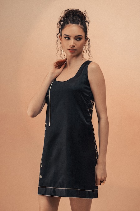 Shop Therealb Black Viscose Satin Logo Patchwork Round Neck Dress at Aza Fashions Shop_Therealb_Black Viscose Satin Logo Patchwork Round Neck Dress _at_Aza_Fashions