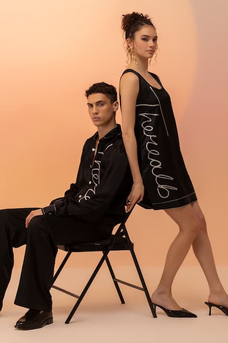 Therealb Black Viscose Satin Logo Patchwork Round Neck Dress Online at Aza Fashions Therealb_Black Viscose Satin Logo Patchwork Round Neck Dress _Online_at_Aza_Fashions