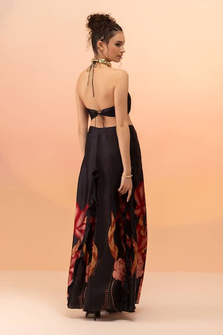 Shop Therealb Black Viscose Satin Printed Floral Halter Neck Top And Skirt at Aza Fashions Shop_Therealb_Black Viscose Satin Printed Floral Halter Neck Top And Skirt _at_Aza_Fashions