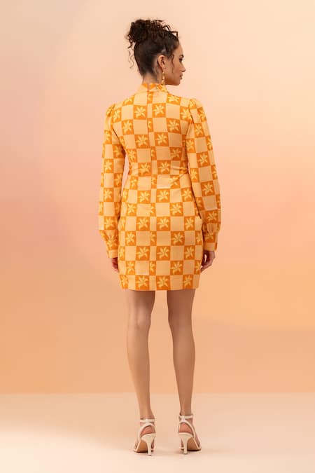 Shop Therealb Yellow Viscose Crepe Printed Flower High Neck Checkered Dress at Aza Fashions Shop_Therealb_Yellow Viscose Crepe Printed Flower High Neck Checkered Dress _at_Aza_Fashions
