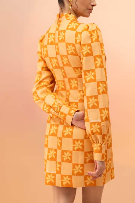 Therealb Yellow Viscose Crepe Printed Flower High Neck Checkered Dress Online at Aza Fashions Therealb_Yellow Viscose Crepe Printed Flower High Neck Checkered Dress _Online_at_Aza_Fashions