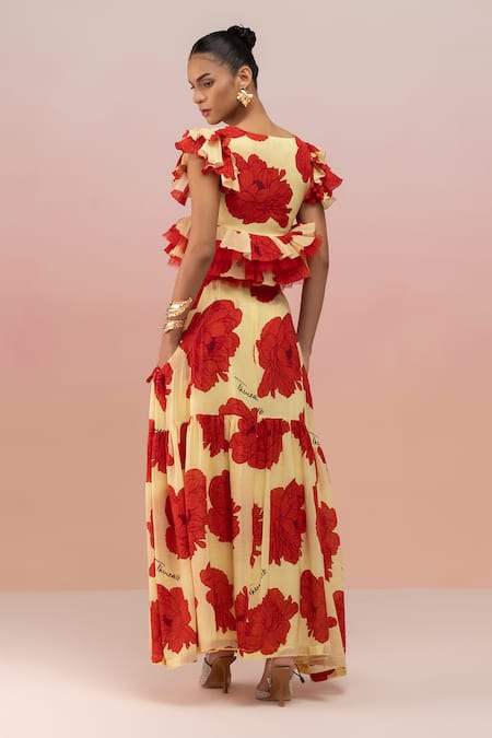 Shop Therealb Yellow Viscose Crepe Printed Floral V Neck Pleated Top And Skirt Set at Aza Fashions Shop_Therealb_Yellow Viscose Crepe Printed Floral V Neck Pleated Top And Skirt Set _at_Aza_Fashions