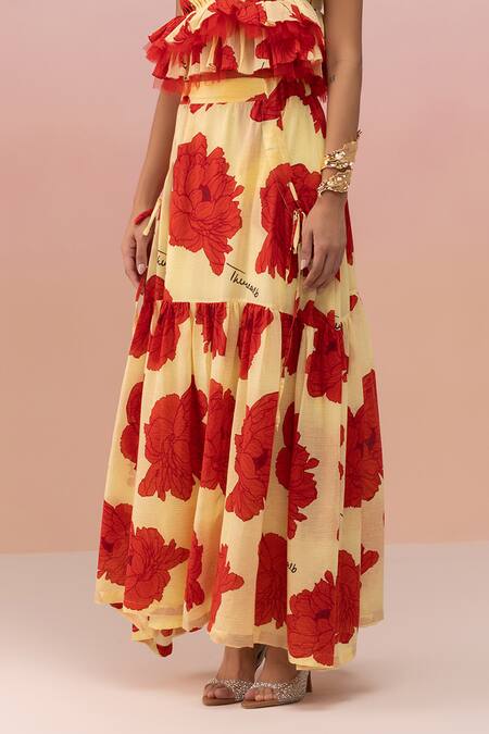 Therealb Yellow Viscose Crepe Printed Floral V Neck Pleated Top And Skirt Set Online at Aza Fashions Therealb_Yellow Viscose Crepe Printed Floral V Neck Pleated Top And Skirt Set _Online_at_Aza_Fashions