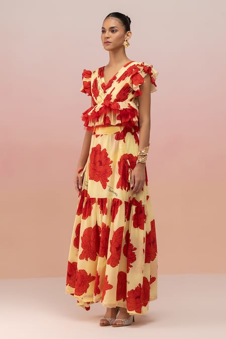 Buy Therealb Yellow Viscose Crepe Printed Floral V Neck Pleated Top And Skirt Set Online at Aza Fashions Buy_Therealb_Yellow Viscose Crepe Printed Floral V Neck Pleated Top And Skirt Set _Online_at_Aza_Fashions
