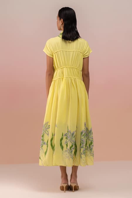 Shop Therealb Yellow Viscose Crepe Printed Leaf V Neck Placement Midi Dress at Aza Fashions Shop_Therealb_Yellow Viscose Crepe Printed Leaf V Neck Placement Midi Dress _at_Aza_Fashions