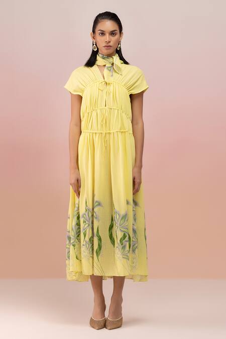 Buy Therealb Yellow Viscose Crepe Printed Leaf V Neck Placement Midi Dress Online at Aza Fashions Buy_Therealb_Yellow Viscose Crepe Printed Leaf V Neck Placement Midi Dress _Online_at_Aza_Fashions